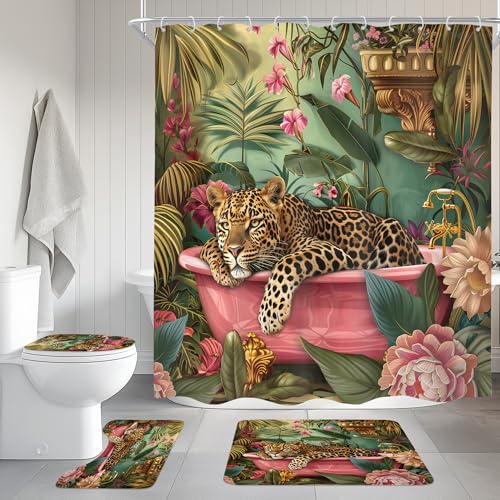 4Pcs Leopard Shower Curtain Set, Vintage Cheetah in Bathtub Bathroom Curtain with Rug, Toilet Lid Cover, Bath Mat, Hot Pink Jungle Animal Plant Tropical Leaves Shower Curtain with 12 Hooks - color: A-02pink