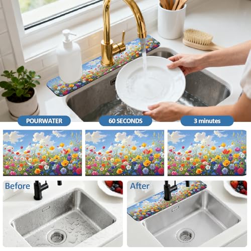 2 Pcs Kitchen Sink Splash Guard Faucet Mat Oil Painting of a Flower Bush Faucet Mat for Sinks Absorbing Drying Mats for Kitchen Bathroom, 23.6x5.5inch - color: Oil Painting of a Flower Bush