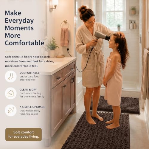 Yimobra Brown Bathroom Rug Set 3 Piece - Super Absorbent Quick Dry Chenille Bath Mats & Toilet Rug, Non Slip Machine Washable, Extra Thick Shaggy Floor Mat for Shower Tub Sink - color: Brown, size: 24"x20" + 30"x20"+ 44"x24"