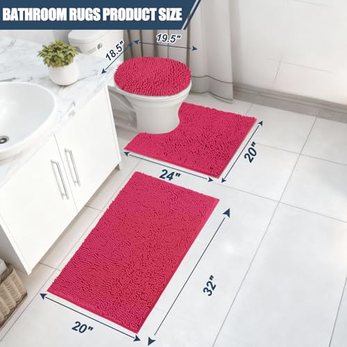 Bathroom Rugs Sets 3 Piece with Adjustable Toilet Seat Cover 19.5"x 18.5" Machine Washable Bath Rug Set with TPR Non Slip Rubber Backing Solid Bath Mat Set for Luxury Bathroom Decoration - color: Hot Pink