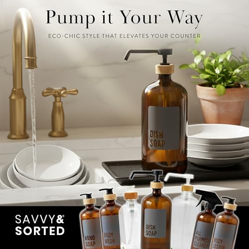 SAVVY & SORTED Amber Glass Dish Soap Dispenser for Kitchen Sink 1 Liter, Large Kitchen Soap Dispenser Set with Permanent Label, Refillable Glass Bottle for Dish Washing Liquid, 34 Fl Oz - color: Amber - Dish Soap 1 Ltr
