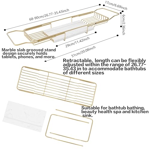 Expandable Bathtub Tray Caddy Shelf with Marble Table Mobile/Tablet Stand, Luxury Bath Tub Tray Rack, Bathroom Home Spa Shower Accessories Perfect Relaxing Spa Gifts for Women and Towel - color: Gold Rack+white Marble Board