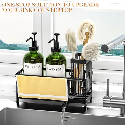 Kitchen Soap Dispenser Set with Sponge Holder and Towel Rack, 17OZ Glass Bottle, Hand and Dish Soap Dispenser Set, Non-Slip Silicone Pad, Brush Holder, Kitchen Sink Caddy Organizer Countertop (Green) - color: Green