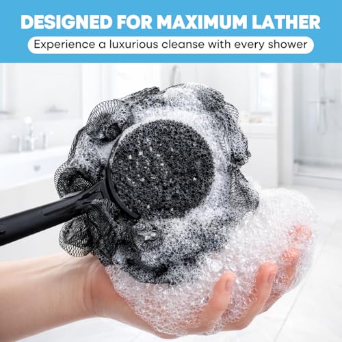 Loofah with Handle & Shower Brush Charcoal 2 Pack- Back Scrubber for Shower for Men & Women, Body Brush Ideal for Exfoliation, Back Loofah for Shower with Bath Brush, Long Handle for Shower Back Brush