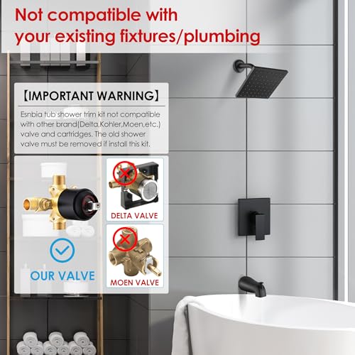 Esnbia Tub Shower Faucet Set (Valve Included) with 6-Inch Rain Shower Head and Tub Spout, Black Shower Head and Handle Set，Single-Handle Tub and Shower Trim Kit, Matte Black - color: Matte Black, style: with tub spout
