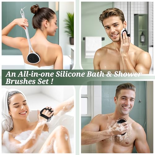 Silicone Back Body Face Scrubbers Set 4PCS, 15.35’’ Back Scrubber Soft Body Scrubber for Dual-Side Usage, Easy-to-Hold Soft Bath Glove & Face Scrubber for Good Foaming Deep Cleaning(Black) - color: Black*4