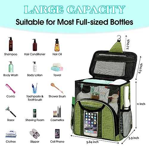 Attmu Portable Shower Caddy College Tote Bag, Quick Dry Hanging Toiletry Bag, Large Capacity Mesh Shower Caddy Portable for College Dorm Room Essentials for Boys and Girls for Bath Camping (Green) - color: Green