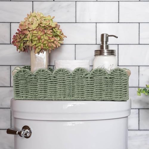 CubesLand Bathroom Basket Organizer, Toilet Tank Paper Storage Baskets 2-Pack, Scalloped Decorative Basket for Countertop w/Handle, Wicker Basket for Bathroom Decor, Home Decor, Living Room, Green - color: Green