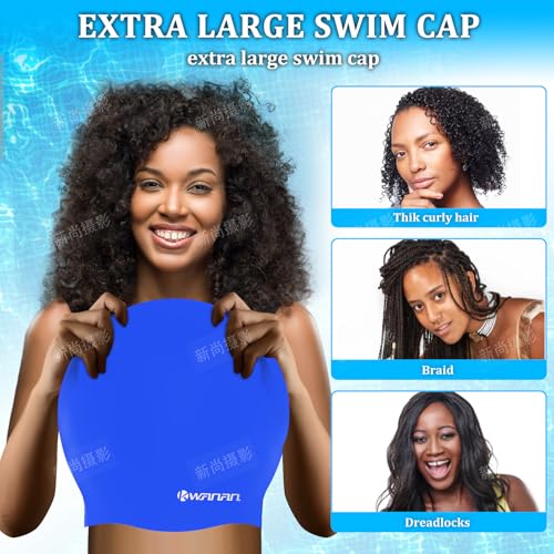 Extra Large Silicone Swim Cap for Long Hair and Protective Styles–Waterproof Swimming Cap for Men and Women with Dreadlocks, Weaves, Extensions, Braids, Curls, and Afros–Keep Hair Dry - color: Blue