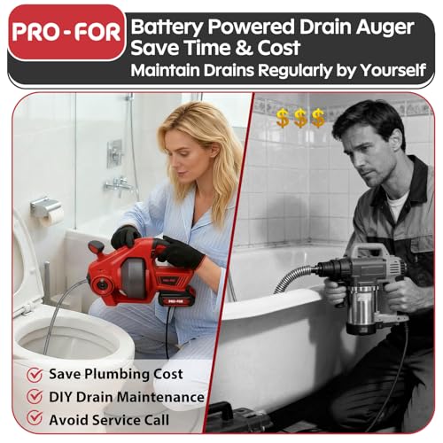 20V Cordless Electric Drain Auger, 25Ft Auto-Feed Drain Snake, Replaceable Cable, 2.0Ah Battery & Charger, LED Light, Clog Remover for Sink, Shower, Kitchen, Bathroom Pipes (3/4"-2")