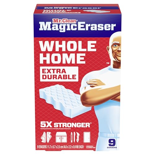 Mr. Clean Magic Eraser Sponge, All Purpose Cleaner, Cleaning Scrubber, Wall, Sneaker, Kitchen, Bathroom, Shower Cleaner, Cleaning Supplies, Melamine Sponge, Cleaning Pads, Extra Durable, 9ct - size: 9 Count (Pack of 1), style: Upgraded Version