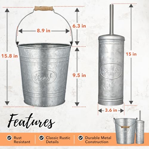 Autumn Alley Rustic Farmhouse Trash Can and Toilet Brush Holder Set - Galvanized Bathroom Trash Can with Matching Toilet Brush, Rustic Farmhouse Bathroom Decor, Grey, 2 Gal. - color: Galvanized, Grey