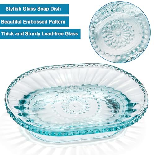 Foraineam 3 Pack Glass Soap Dish, Decorative Embossed Bar Soap Saver Tray Holder for Shower Room, Bathtub, Bathroom Counter, Kitchen Sink