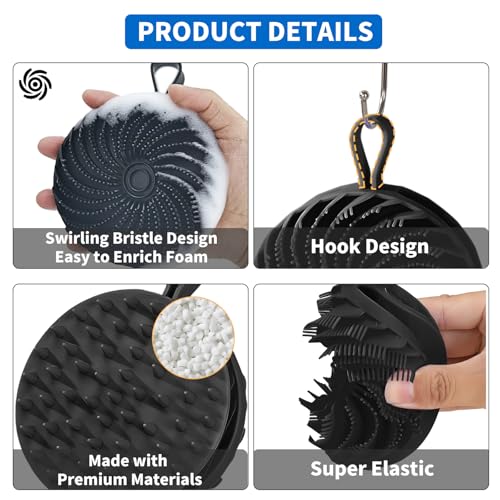 Larger Silicone Body Scrubber&Scalp Massager Hair Growth,Dual Sided Dual-Use,Exfoliating Body Scrubber,Wet&Dry Brush for Hair Massager Scalp,Silicone Shower Scrubber (Black) - color: Black