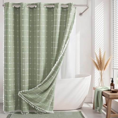 River Dream Sage Green Farmhouse Shower Curtain with Snap-in Liner, No Hooks Needed,with Magnets,with Tassels,Water Repellent&Machine Washable,71x74Inch - color: Sage Green, size: 71"W x 74"L (Pack of 1)