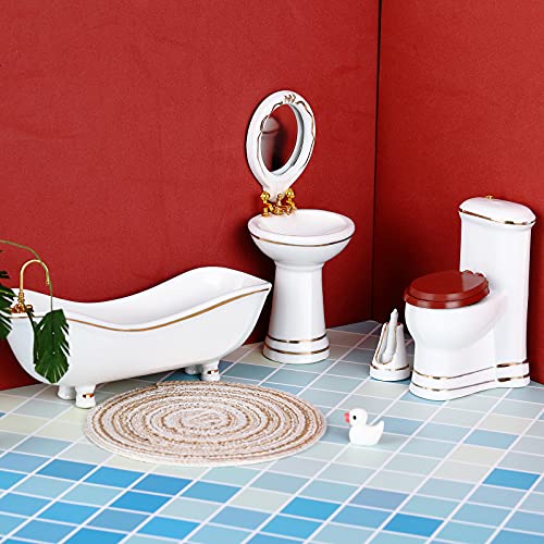 Skylety 6 Pcs Dollhouse Bathroom Furniture 1:12 Scale Porcelain Doll Accessories with Mini Bathtub, Toilet, Pedestal Sink, Mirror, Brush Holder, Carpet