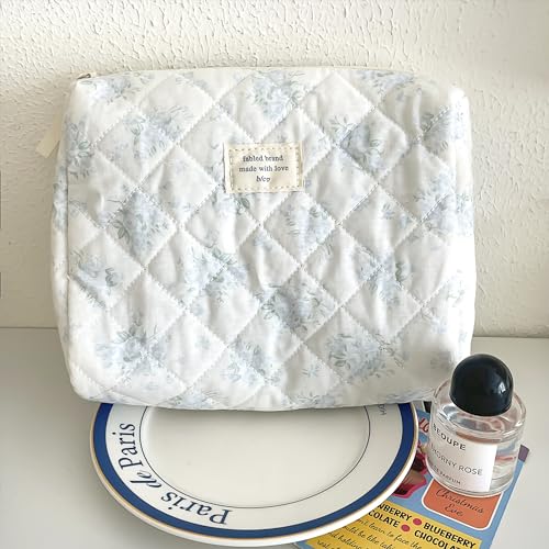 Sminra Makeup Bag Large Travel Quilted Cosmetic Makeup Bag Organizer, Floral Cotton Coquette Aesthetic Toiletry Bag for Women Girls (Blue Romantic Rose) - color: Blue Romantic Rose