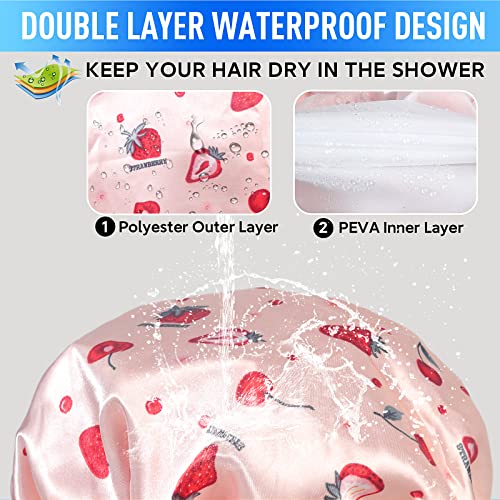 Shower Caps for Women Reusable Waterproof- Adjustable Women Shower Cap Reusable Hair Cap for Shower, Shower Cap for Adult and Kids - color: Pink Strawberry, size: Medium