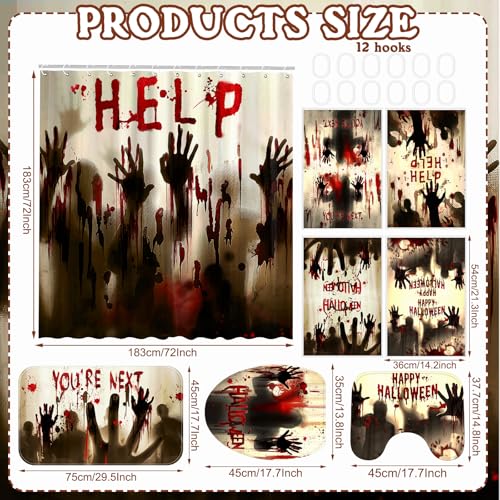 FuWeave 8 Pcs Halloween Help Me Shower Curtain Set for Bathroom Include Scary Ghost Shadow Bloody Hands Shower Curtain Towels Non Slip Rugs Toilet Lid Cover Bath Mat and 12 Hooks for Bathroom Decor - color: Bloody Hand