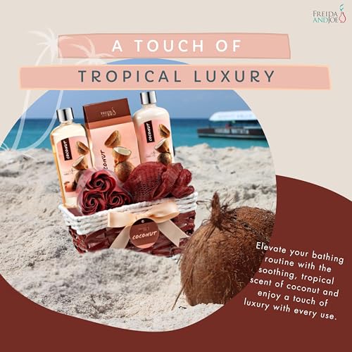 Coconut Spa with Wicker Gift Basket Bath & Body Set, Pink & Brown | Shower Gel, Body Lotion, Bath Salts, Soap Flowers, Wicker Basket