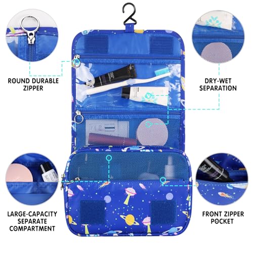 Kids Hanging Toiletry Bag for Boys, Travel Toiletry Bag for Little Young Boys Waterproof Wash Bag Toddler Traveling Toiletries, Space Blue - color: Space Blue