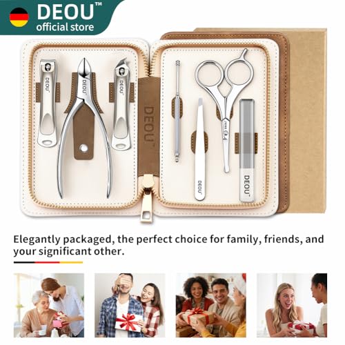 DEOU Premium Manicure Set 8 in 1, 420J2 Stainless Steel Pedicure Kit with Luxury Leather Case, Professional Grooming Tools for Travel & Home, (Brown) - color: Brown