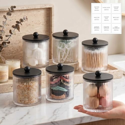 Yaomiao 6 Pcs Ribbed Bathroom Canisters Apothecary Jars with Black Bamboo Lids and Label Stickers, 18 oz Plastic Canister with Fluted Design for Cotton Ball, Swab, Floss Picks House Storage - color: Black