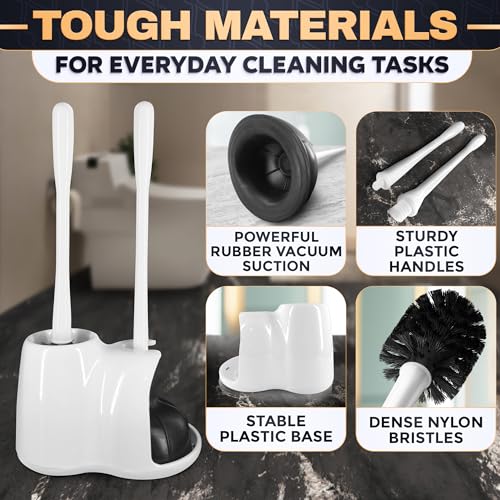 2 in 1 Toilet Plunger and Brush Set White - Toilet Brush and Plunger Set White with Stiff Bristles, Strong Vacuum Suction and Holder - Space-Saving Stand, Fits Most Standard Toilets, 9.3×6.3×15.2 inch - color: White