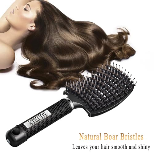 KTKUDY Detangling Brush Boar Bristles Hairbrush Make Hair Shiny & Healthier Curved and Vented Detangler Brush for Women Men Kids Wet & Dry Hair (Black) - color: Black