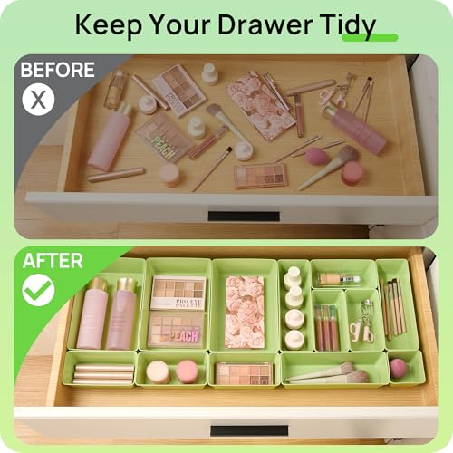 Vtopmart 25 PCS Plastic Drawer Organizers Set, 4-Size Versatile Bathroom and Vanity Drawer Organizer Trays, Storage Bins for Makeup, Bedroom, Kitchen Gadgets Utensils and Office, Light Green - color: Light Green