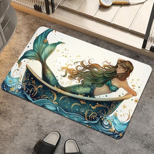 Bath Mat Rug,Beautiful Mermaid Non Slip Quick Dry Super Absorbent Thin Bathroom Rugs Fit Under Door-Easy to Clean Bathroom Floor Mats-Shower Rug for Shower Sink Bathtub(16" x 24"in) - color: Beautiful Mermaid, size: 1'4" X 2'(rectangular)