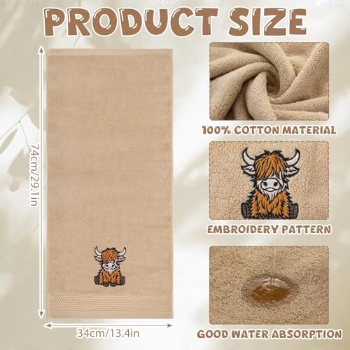 SmoothNovelty 2 Pcs Baby Highland Cow Hand Towels Khaki Bathroom Decor 14x29 Inch Embroidered 100% Cotton Soft Absorbent Spring Summer Decorative Hand Towels for Bathroom Kitchen - style: Highland Cow