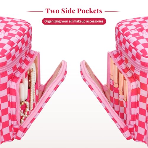 Bagmoly Large Checkered Makeup Bag, Travel Makeup Bag Organizer for Women Girls with Makeup Brush Compartment & Two Side Pockets, Cosmetic Travel Bag Vertical Storage Toiletry Bag- Hotpink - color: 04-Hotpink Checkerboard, size: Medium