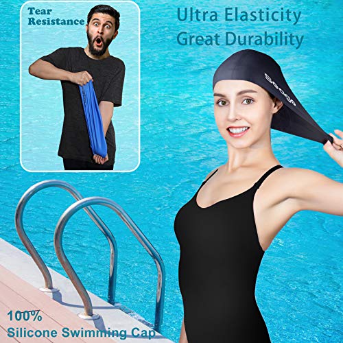 Swim Cap Long Hair 2 Pack Swimming Caps for Women Silicone Swim Caps Keep Hair Dry Waterproof Comfortable Flexible Durable Bathing Cap Tear-Proof Design Large Women Adult Swimming Cap 10+ Years Girls - color: Black & Blue