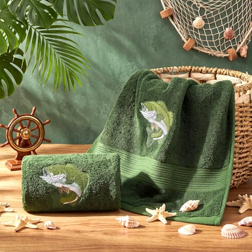 SmoothNovelty 2 Pcs Fishing Hand Towels Olive Green Bathroom Decor 14x29 Inch Embroidered 100% Cotton Soft Absorbent Spring Summer Decorative Hand Towels for Bathroom Kitchen - style: Fishing Hunting