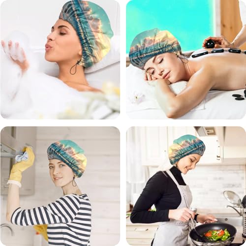2 PCS Shower Cap Reusable Waterproof Double Layers Hair Caps Shower Bath Adjustable Elastic Hat for Women Girls Cute Aesthetic-Forest Beach - color: AI10-Forest Beach