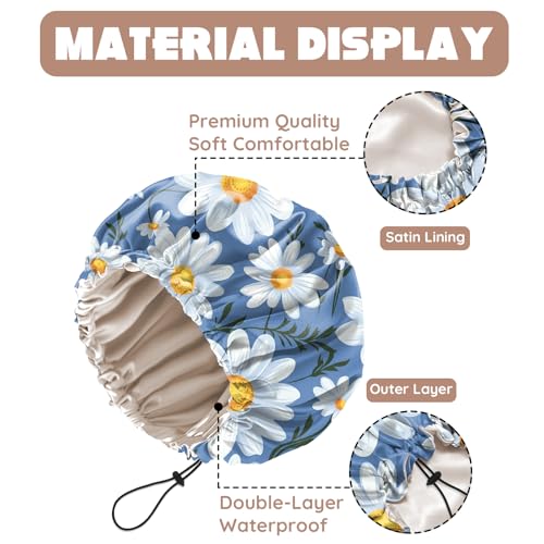Luxury Shower Cap Adjustable Reusable Double Waterproof Layer Elastic Satin Lined Hair Bath Cap Cute Aesthetic Women Girls (K19-Chrysanthemum) - color: K19-Chrysanthemum