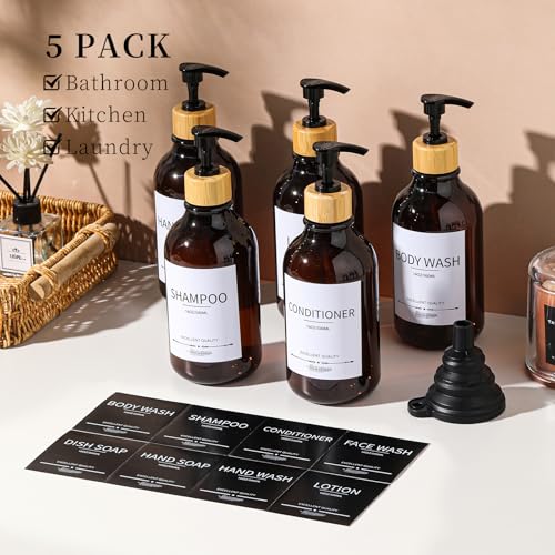 Shampoo and Conditioner Dispenser, 5Pack Refillable Dispenser Bottles,16.9oz Pump Bottles, Amber Shampoo Containers for Shower - color: Amber-b