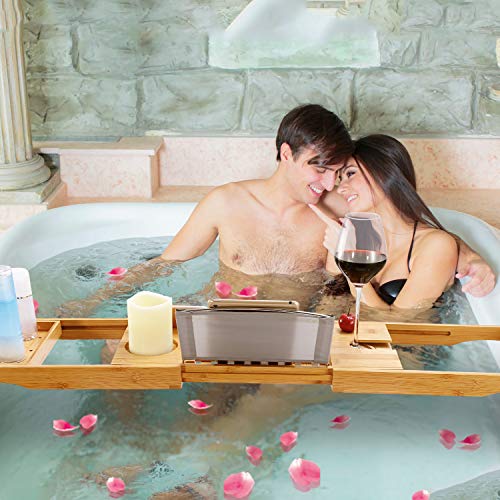 Moclever Bathtub Caddy Trays - Premium Bamboo Bath Trays with Extending Sides, Reading Rack, Tablet Holder, Cell Phone Tray and Luxury Wine Glass Holder - Natural Bamboo Color