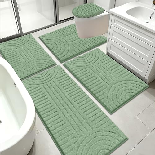 SHACOS Sage Green Microfiber Bathroom Rugs Sets 5 Piece Ultra Soft | Absorbent Bath Mat with Bath Runner, U Shape Contour Rug, Toilet Lid Cover, Non Slip Machine Washable Carpet for Bathroom - color: Sage Green