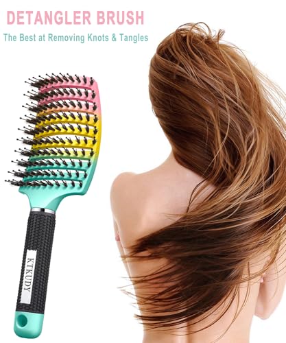 KTKUDY Detangling Brush Boar Bristles Hairbrush Make Hair Shiny & Healthier Curved and Vented Detangler Brush for Women Men Kids Wet & Dry Hair (Rainbow) - color: Green-Yellow-Pink Gradient