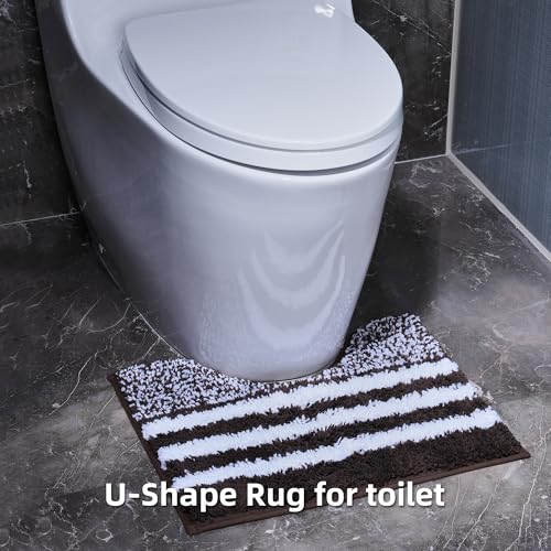 3-Piece Striped Bathroom Rug Set with U-Shaped Toilet Rug, Non-Slip Rubber Bottom, Soft Absorbent Microfiber, Quick Dry, Ultra Soft, Bath Mats for Tub (Chocolate) - color: Chocolate