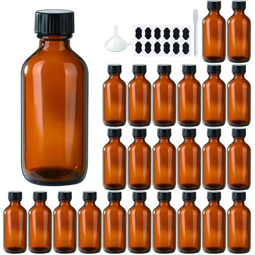 24 Pack 2 oz Amber Boston Glass Bottle With Black Poly Cap, Funnel, Dispensing Bottles for Homemade Vanilla Extract, Essential Oils, Wedding Christmas Decor - size: 2oz 24Pack