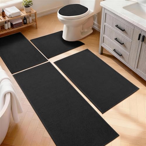 YIHOUSE Black Bathroom Rugs Sets 5 Piece, Quick Dry Thin Bath Mat with Toilet Rug, Non Slip Absorbent Machine Washable, Bath Runner Rugs for Bathtub Sink Home Decor - color: Black, size: 5 pieces