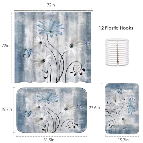 ArtSocket Daisy Flowers Butterfly Bathroom Set with Shower Curtain and Bath Rugs and Accessories,Abstract Blue Grey Non-Slip Shower Curtain Set,Bathroom Decor 3 Pcs - color: Daisy Flowers Butterfly