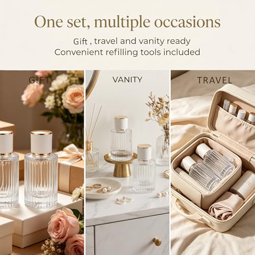 YU FENG 2 Pack 50ml Glass Perfume Spray Bottles, Gold Rim Atomizer | Vertical Striped Texture, Gold Sprayer With Cream Cap, Travel Size Refillable Bottle, Fine Mist Spray For Perfume And Oils - style: Gold-Trim Cream Cap-1