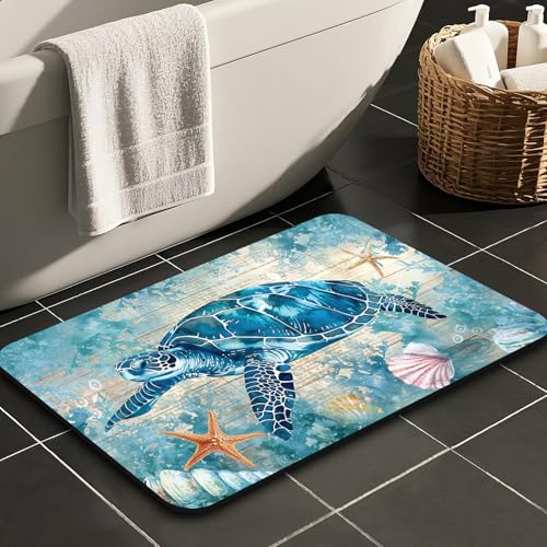 Quick Dry Bath Mat for Bathroom,Super Absorbent Turtle Bath Rug Non-Slip Rubber Backing,Machine Washable Bathroom Floor Mat for Shower, Tub, Sink Area Beach Seashell Ocean Blue 30x20 - color: Blue3, size: 1'8" x 2'6" (Rectangular)