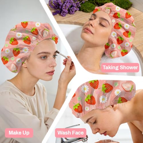 Strawberries Reusable Shower Cap Cute Fruit Double Layer Waterproof Shower Caps Large Elastic Hair Cover Adjustable Hair - Drying Caps for Woman Bath SPA Travel One Size Fits Most - color: Strawberries