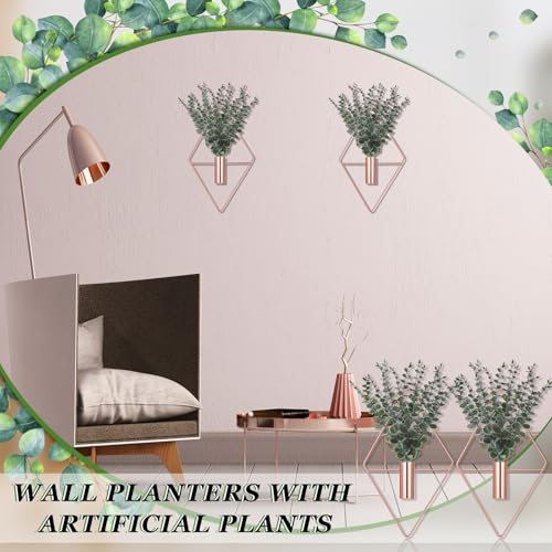 Jexine 4 Pcs Hanging Planters with Artificial Eucalyptus Metal Hanging Vase Indoor Plants Holder Modern Geometric Boho Bathroom Wall Decor for Living Room Home Office (Eucalyptus,Rose Gold) - color: Rose Gold, size: Eucalyptus