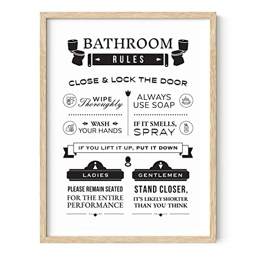 HAUS AND HUES Funny Bathroom Decor & Signs | Toilet Rules Wall Art, Beige Framed Guest Bathroom Humor Poster | 12"x16" - color: Rules, size: 12"L x 16"W, style: Beige Framed